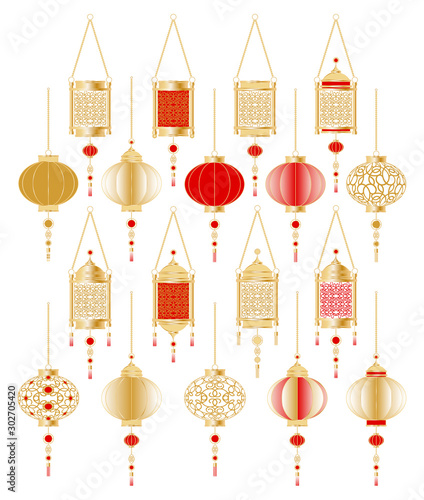 Traditional chinese holiday lanterns. Asian lanterns hanging. Isolated set. vector illustrations