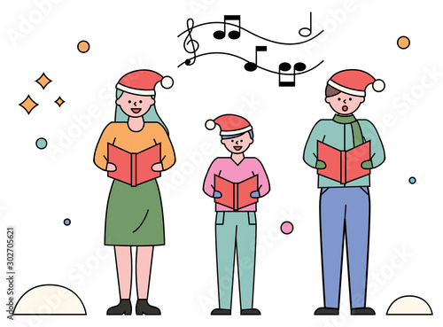 People singing carols on christmas vector. Family wearing santa hats holding sheet notes. Musical performance of man and woman with kid. Parents and child on xmas celebration chorus of characters