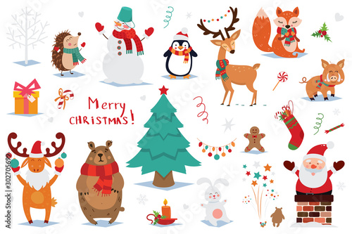 Set of Christmas and New Year elements with animals and Santa. Vector illustration © tanya_pogorelova