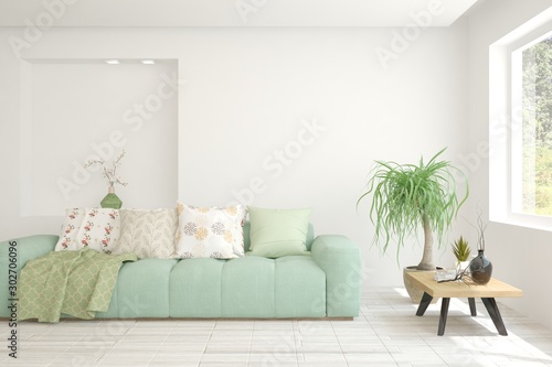 Stylish room in white color with sofa. Scandinavian interior design. 3D illustration