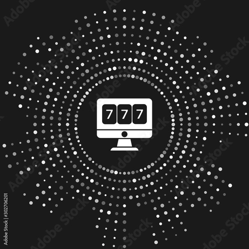 White Online slot machine with lucky sevens jackpot icon isolated on grey background. Online casino. Abstract circle random dots. Vector Illustration