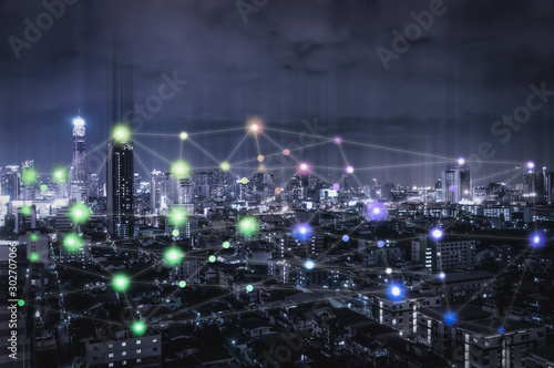 Network and Connection technology concept with city background