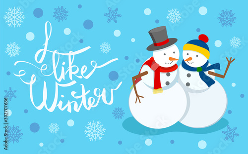 I like winter, snowman wearing top hat and knitted scarf. Sculptures made of snow hugging couple. Greeting card with calligraphy text and bokeh effect. Seasonal holidays celebration flat style vector