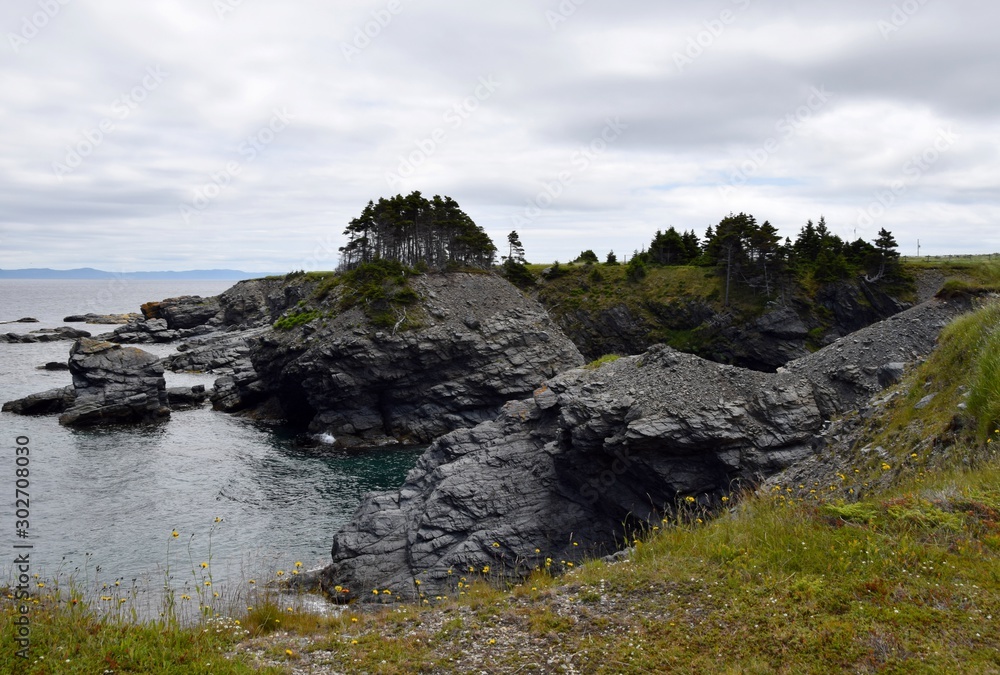 landscape along the Baccalieu Trail, little rock island at  Ochre Pit Cove located on the Conception Bay, Newfoundland Canada