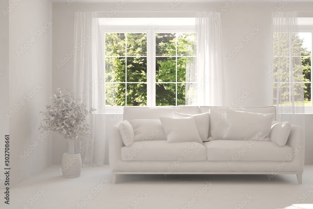 Mock up of stylish room in white color with sofa and green landscape in window. Scandinavian interior design. 3D illustration Mock up of stylish room in white color with sofa and green landscape in window. Scandinavian interior design. 3D illustration