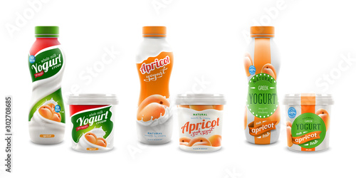 Set of three different apricot yogurt packaging designs. Isolated on white background. Ready for branding, product promotion and advertising company desing. 