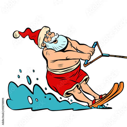 summer vacation water skiing. Santa Claus character Christmas new year