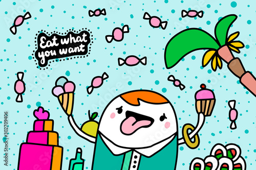 Eat what you want hand drawn vector illustration in cartoon cmoic style man with ice cream cake bananas food