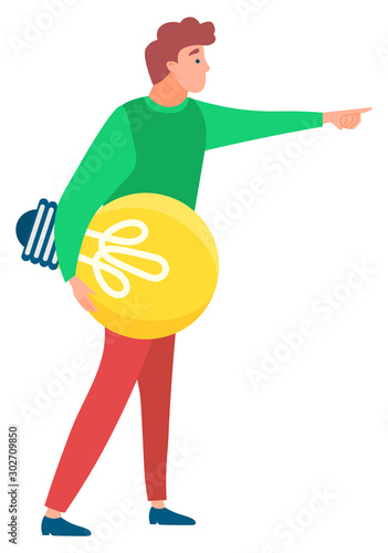 Young man with yellow light bulb pointing at something isolated on white. New bright idea, business ambitions concept flat cartoon vector illustration. Busines creative idea