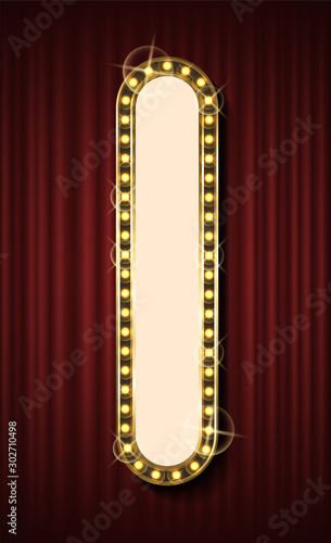 Frame with light-bulbs on red curtain. 3d view of glowing empty shape, bright signboard, advertising or presentation element, card vector. Red curtain theater background