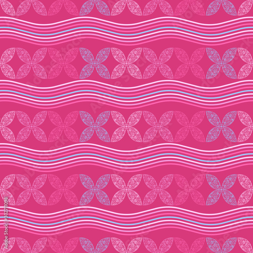Seamless pattern. On a pink background, abstract openwork flowers, wavy lines. Delicate daw for fabric, paper.