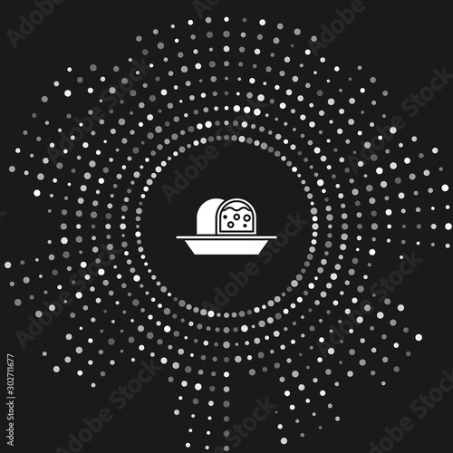 White Marzipan sponge cake icon isolated on grey background. Merry Christmas and Happy New Year. Abstract circle random dots. Vector Illustration
