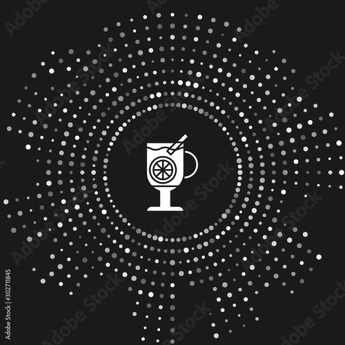 White Mulled wine with glass of drink and ingredients icon isolated on grey background. Cinnamon stick, clove, lemon slice. Abstract circle random dots. Vector Illustration