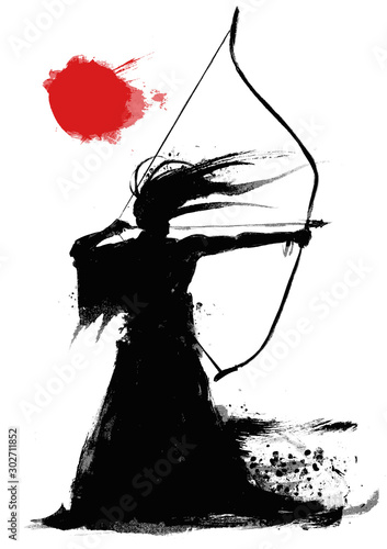 Silhouette of a samurai with a long bow, pulling an arrow, on a white background with a red sun. Drawn in ink . 2D illustration
