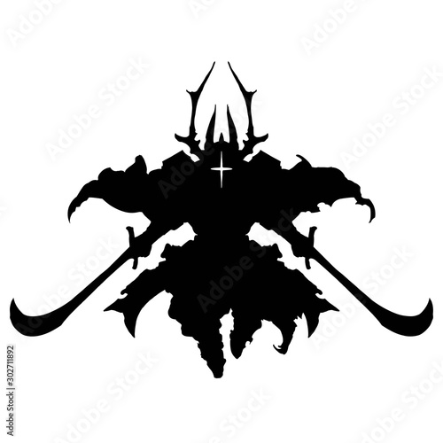 The silhouette of a knight in a horned helmet , with two swords, and a cloak behind, rushes to the attack . 2D illustration