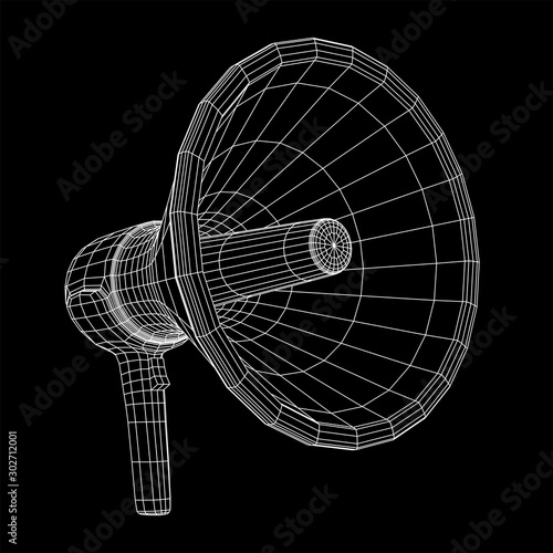 Megaphone or bullhorn for amplifying voice for protests rallies or public speaking. Wireframe low poly mesh vector illustration