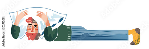 Man covering head with pillow vector illustration