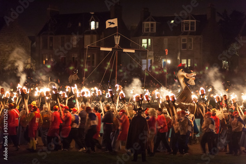 Traditional burning of viking ship, Up Helly Aa festival, Lerwick, Shetland Islands, Scotland