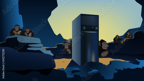 Computer and Primates Primates examine the found computer. Illustration, vector. EPS-10.