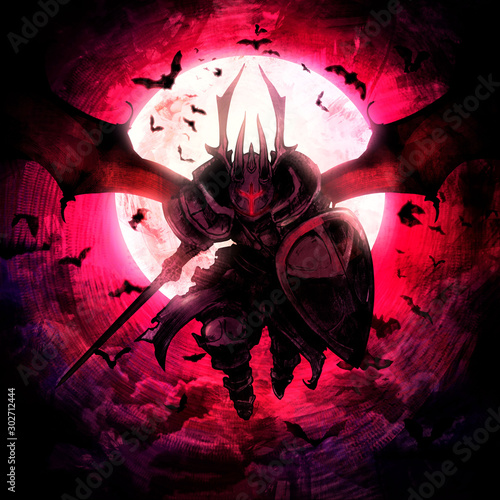 фотографія A vampire knight with bat wings, with plate armor with a shield and a sword, flies through the night sky amid a bright bloody moon surrounded by bats