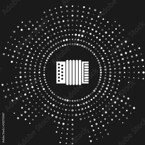 White Musical instrument accordion icon isolated on grey background. Classical bayan, harmonic. Abstract circle random dots. Vector Illustration