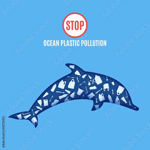 Dolphin inside plastic waste in paper cut style. Poster design template stop ocean plastic pollution. Vector ecological concept. Craft cardboard underwater ocean cave in blue color