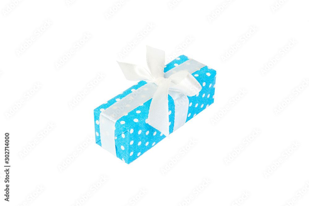 Christmas or other holiday handmade present in blue paper with white ribbon. Isolated on white background, top view. thanksgiving Gift box concept