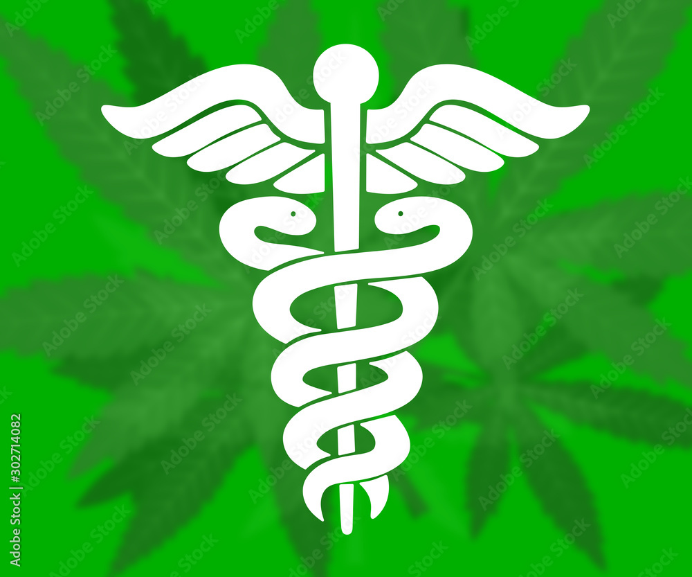 Image of a white caduceus on a background of blurry leaves of marijuana Image of a white caduceus on a background of blurry leaves of marijuana