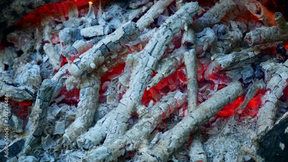 End of wood charcoal fire outside, camp fire Burning 4k closeup Video End of wood charcoal fire outside, camp fire Burning 4k closeup Video