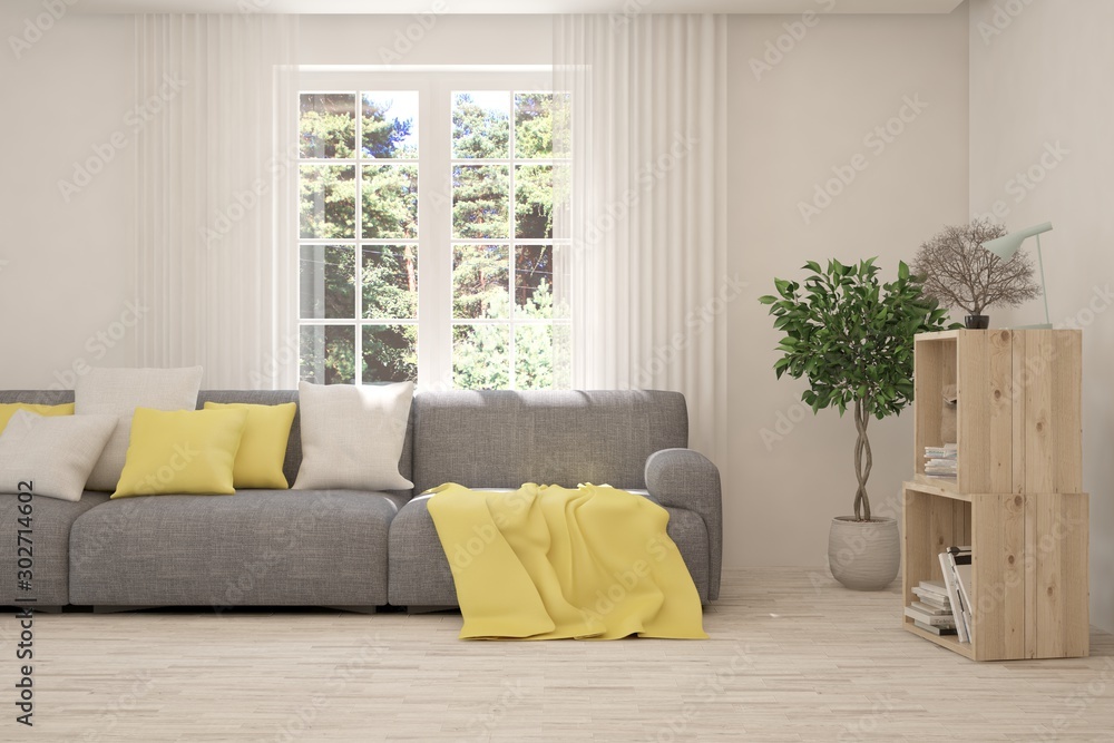 Fototapeta premium Stylish room in white color with sofa and summer landscape in window. Scandinavian interior design. 3D illustration