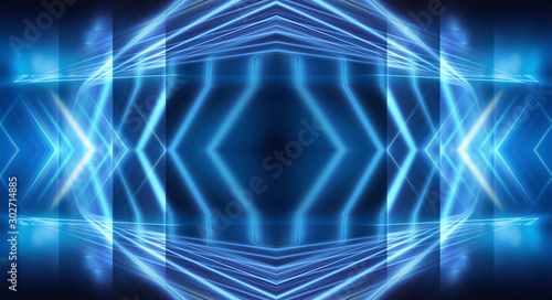 Fototapeta Naklejka Na Ścianę i Meble -  Abstract light tunnel, stage, portal with rays, neon lights and spotlights. Dark empty scene with neon. Abstract blue background, light, smoke. Symmetric reflection, perspective.
