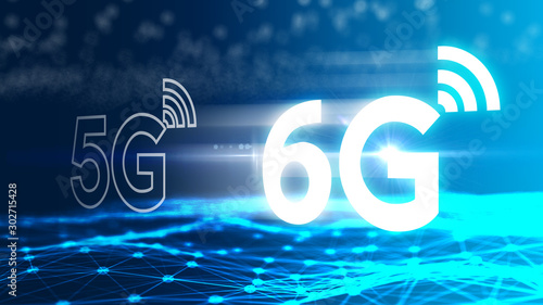 From 5G to 6G technology concept on blue background. 3D illustration photo