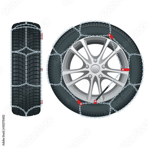 Snow chains on tire. Tire With Mounted Snow Chains isolated on white background. Caution Snow. Winter Driving and road safety.