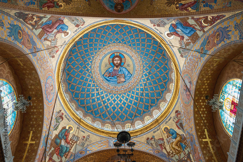 bottom view of the ceiling of the Naval Cathedral in Kronstadt, St. Petersburg, Russia