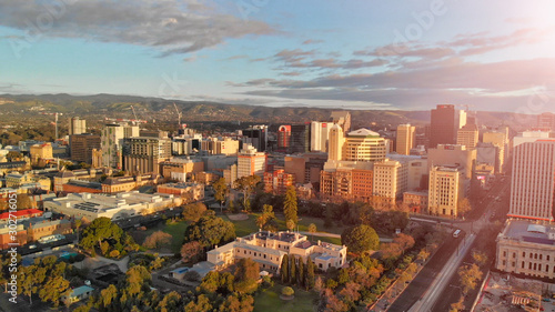 ADELAIDE, AUSTRALIA - SEPTEMBER 15, 2018: Aerial view of city skyline on a beautiful afternoon