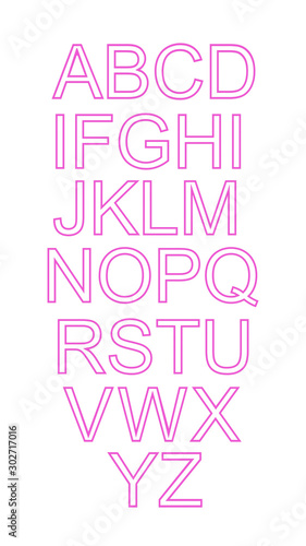 Neon pink glowing alphabet letters on a white background 3D-Rendering
