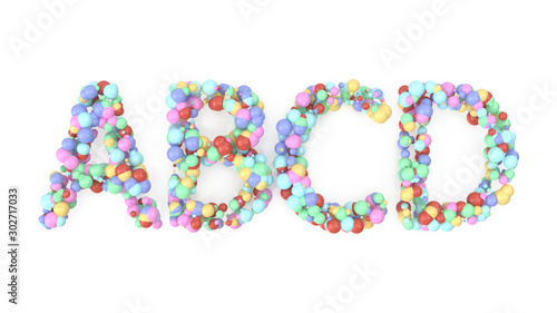 letters of the alphabet from small colorful balls on white background 3D-Rendering