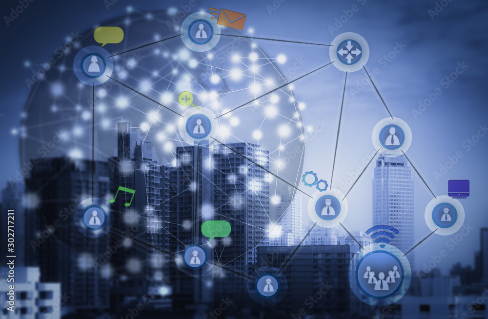 Obraz premium Network and Connection technology concept with city background
