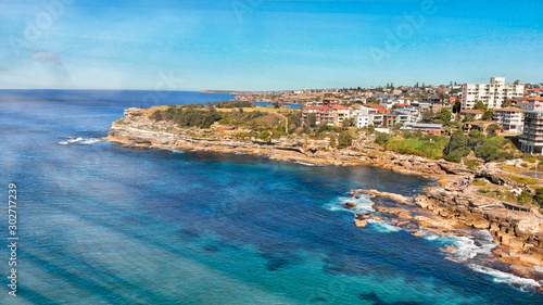 Amazing aerial view of Bondi Beach landscape in Sydney, Australia. Drone viewpoint on a sunny morning © jovannig
