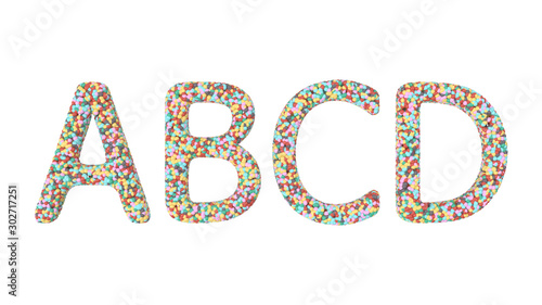 letters of the alphabet from small colorful balls on white background 3D-Rendering