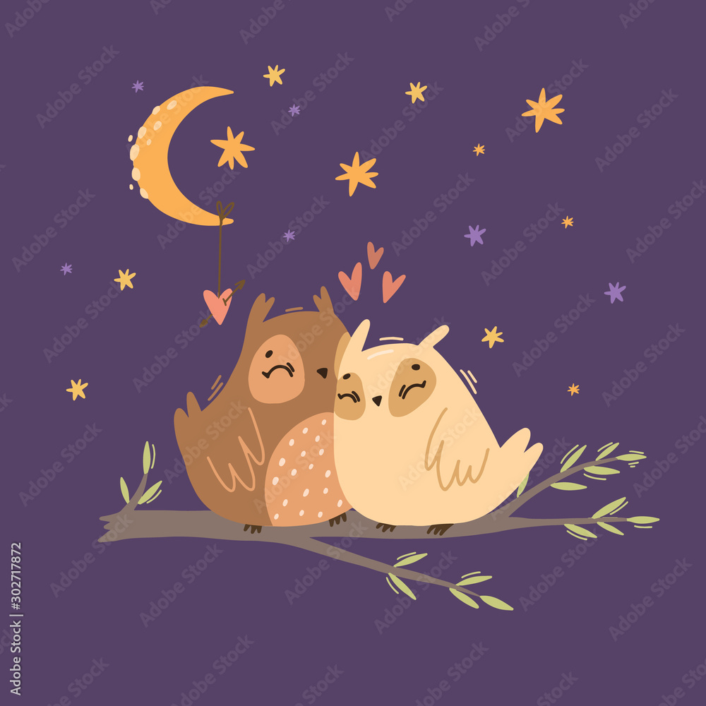 Vector illustration of two owls in love. romantic night sky with stars and moon. owls on a branch. cute birds