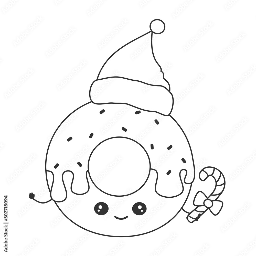 cute cartoon black and white character christmas donut with santa hat funny vector illustration for coloring art cute cartoon black and white character christmas donut with santa hat funny vector illustration for coloring art