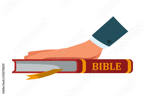 Hand on bible book for oath isolated on white