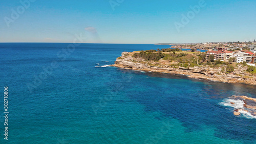Aerial panoramic view of Bondi Beach pools and coastline on a beautiful winter day © jovannig