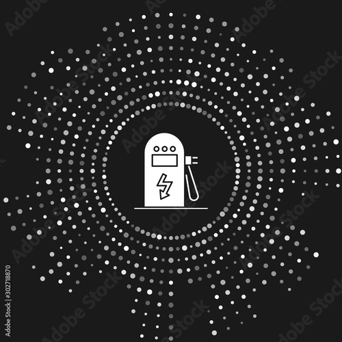 White Electric car charging station icon isolated on grey background. Eco electric fuel pump sign. Abstract circle random dots. Vector Illustration