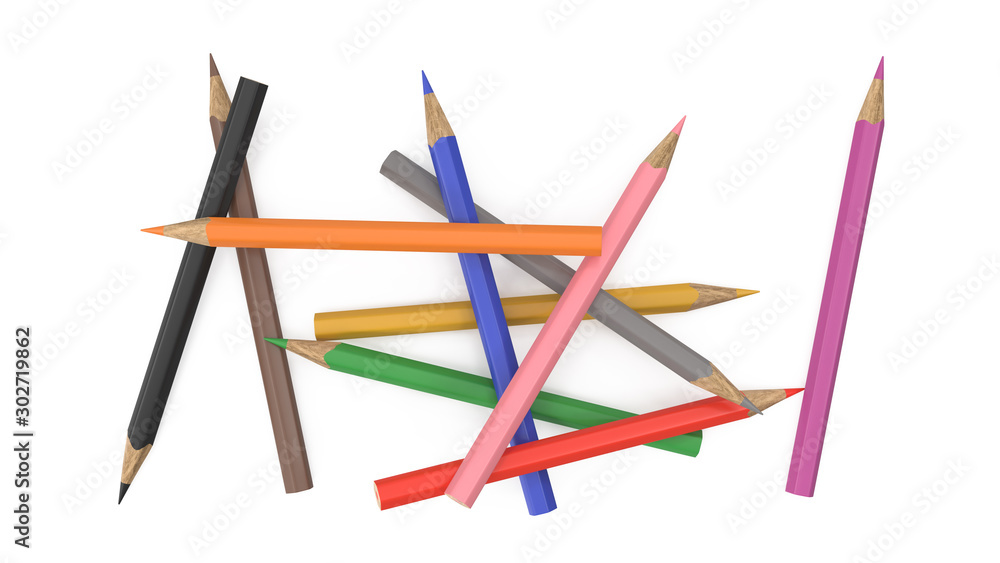 Scattered colored pencils on white background (isolated on white background) 3D-Rendering