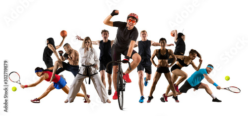 Sport collage. Cycling, running, fitness, bodybuilding, tennis, fighter and basketball players © Andrey Burmakin