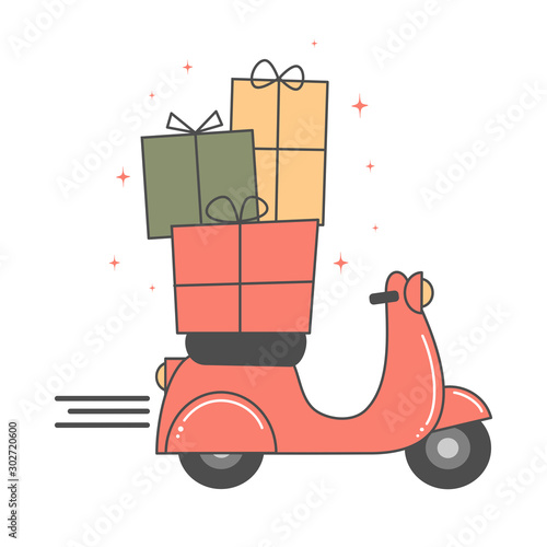 cute holidays fast delivery concept vector cartoon illustration with scooter motorcycle and christmas gift box