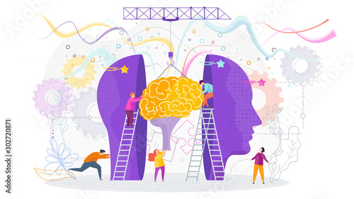 Tiny people insert a brain into a human head.