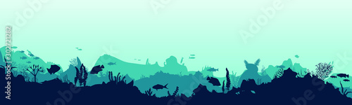  Sea scene with the underwater world. Coral reefs. Tropical sea with water mimicry and its inhabitants. Silhouette of fish and algae. Vector.